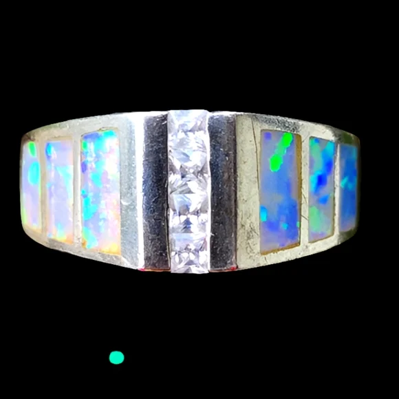 Sterling silver opal ring size 8 fine jewelry wedding band engagement Estate - Picture 4 of 5
